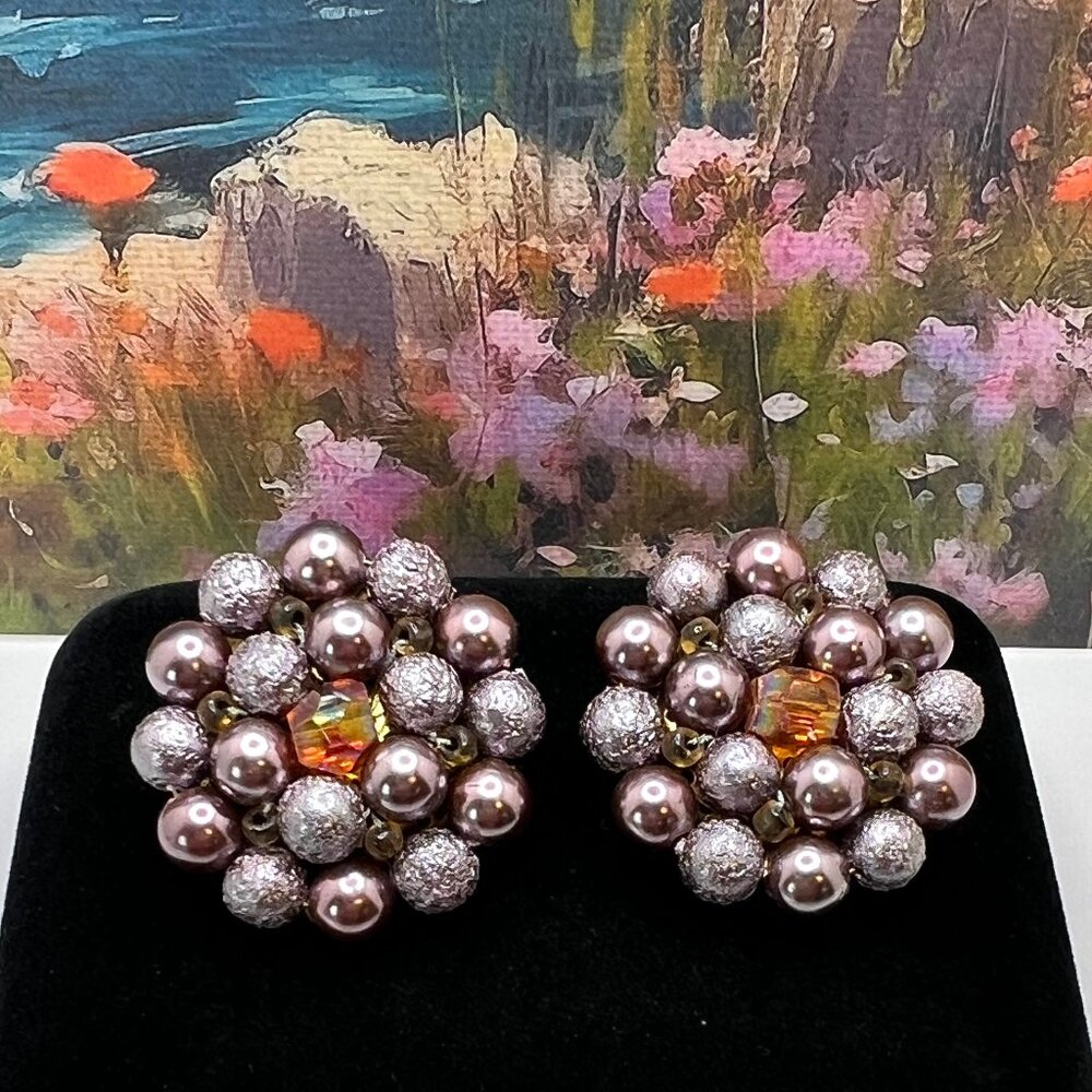 Japan Eggplant Textured Bead and Pearl Button CLIP Earrings